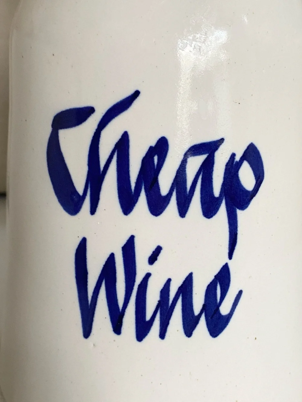 VTG Cheap Wine Carafe Decanter Pitcher Glazed White & Blue Pottery 11”